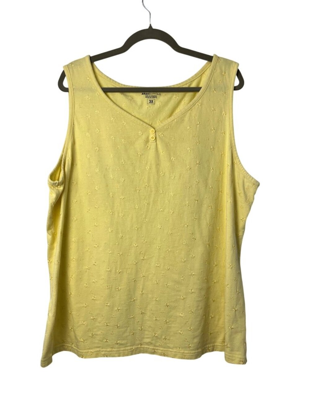 Basic Editions Women's 3X Yellow Tank Top Embroidered 100% Cotton Used